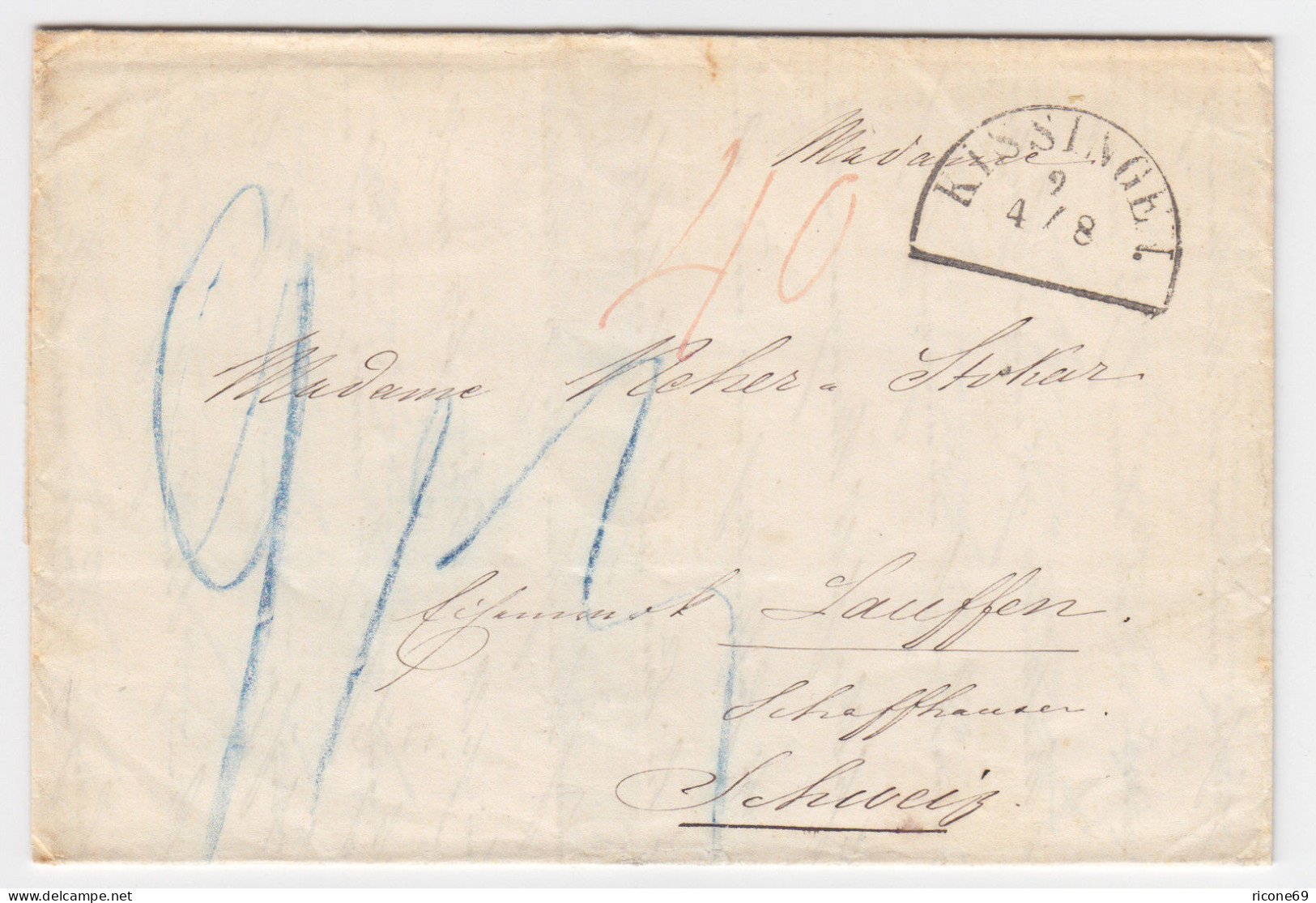 Bayern 1857, HKS KISSINGEN Auf Porto Brief In Die Schweiz. #2033 - Covers & Documents