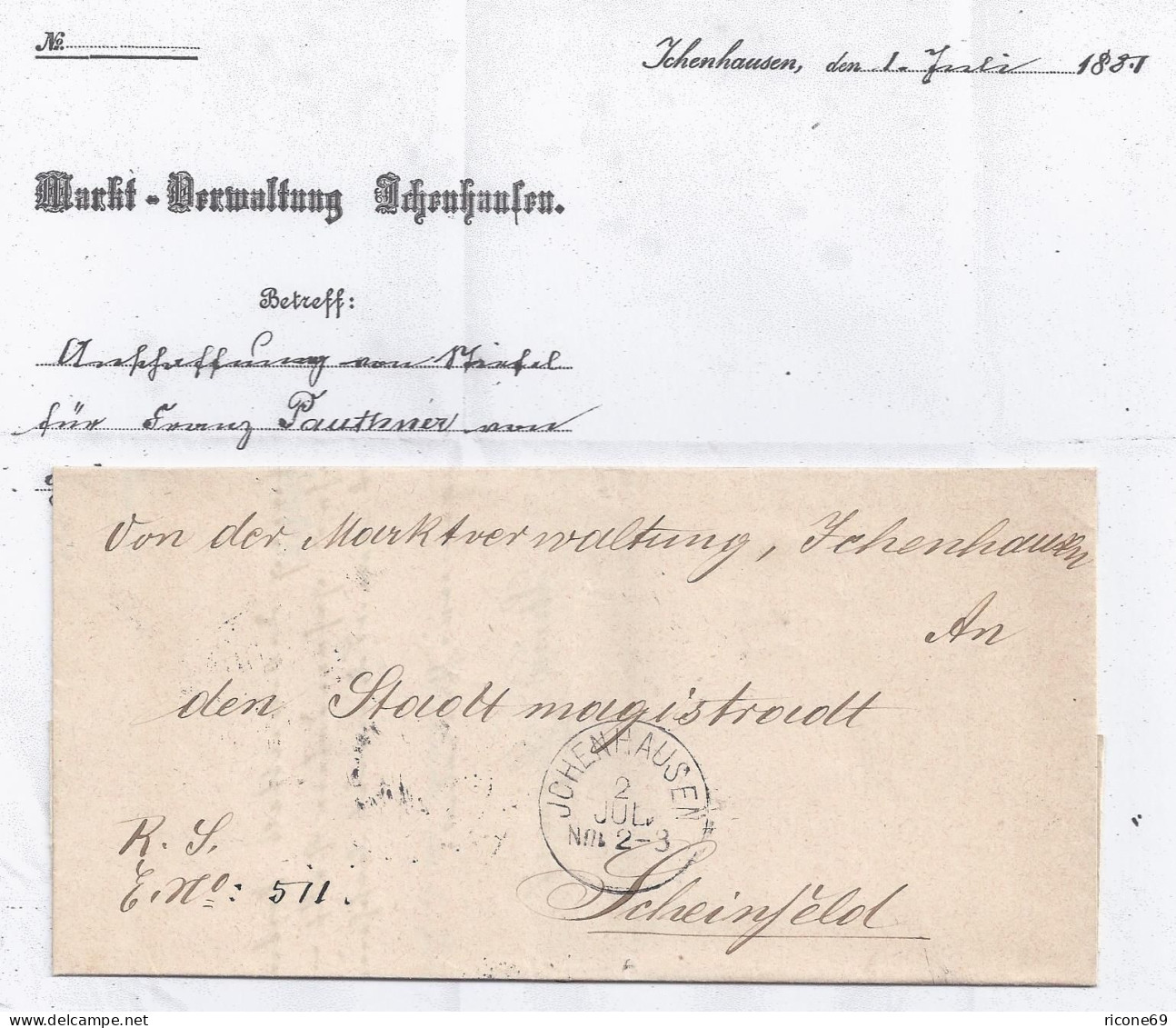 Bayern 1887, Brief M. 3 Rücks. Stempeln V. Ichenhausen N. Scheinfeld. #2617 - Storia Postale