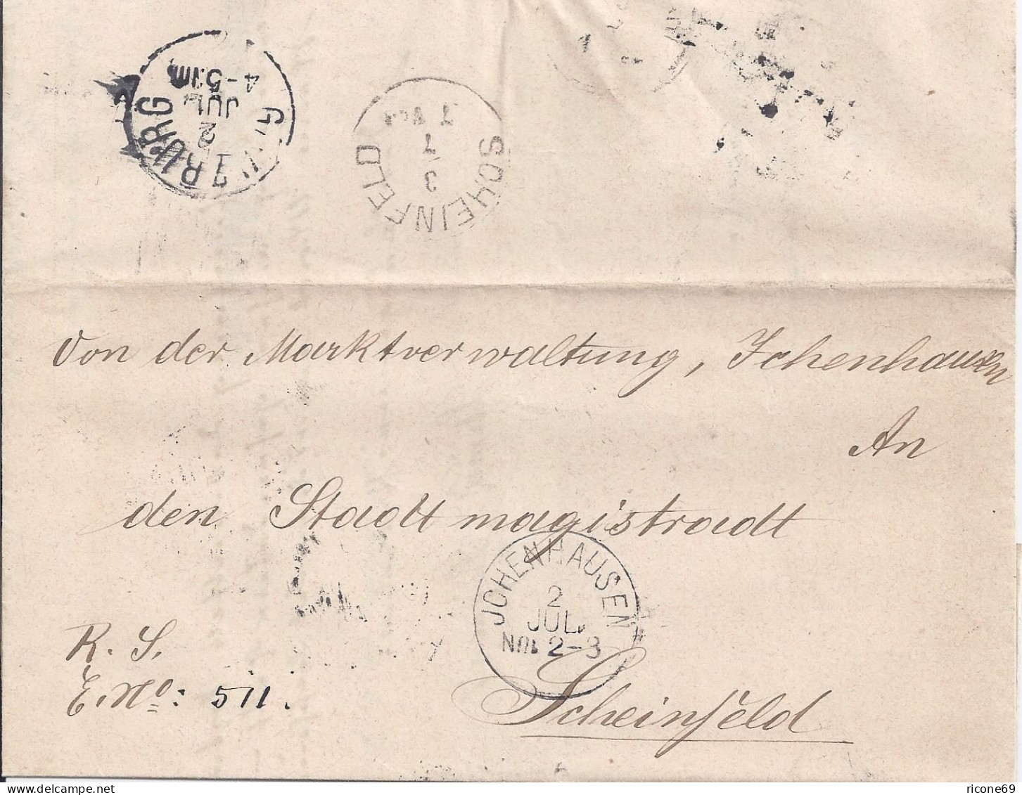 Bayern 1887, Brief M. 3 Rücks. Stempeln V. Ichenhausen N. Scheinfeld. #2617 - Storia Postale