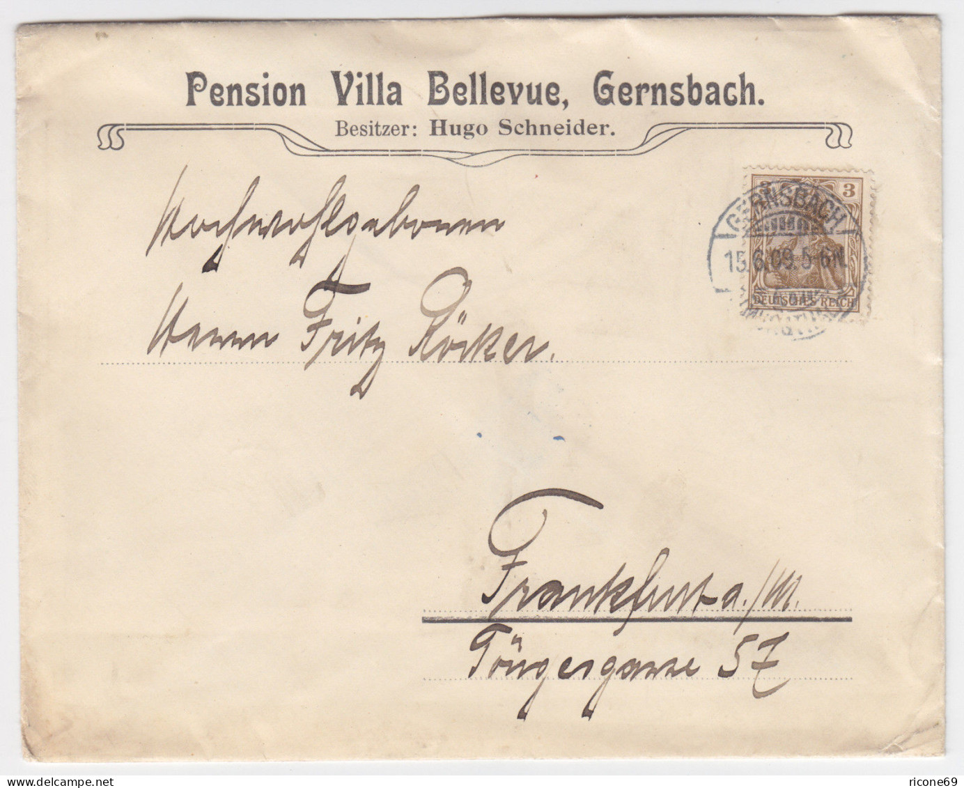 DR 1909, Reklame Werbung Brief Gernsbach Pension Bellevue M 3 Pf Germania. #1700 - Covers & Documents