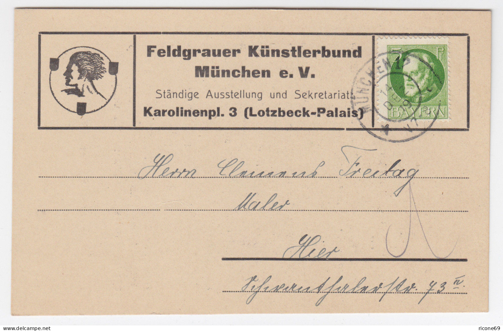 Bayern 1919, Postkarte "Feldgrauer Künstlerbund München" An C. Freitag. #1489 - Covers & Documents