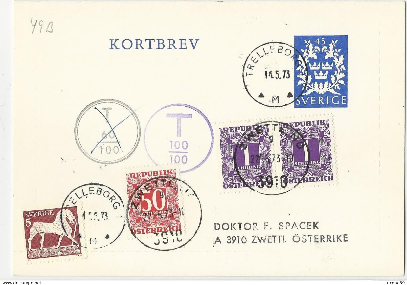Schweden, Ganzsache Karten Brief V. Trelleborg M. Österreich Nachporto. #2407 - Autres & Non Classés