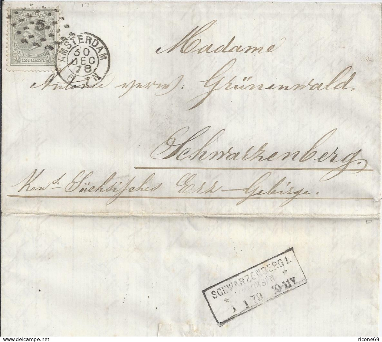 NL DR 1878, R2 "Schwarzenberg In Sachsen", Ank.-Stpl Auf Amsterdam Brief.  #2108 - Other & Unclassified