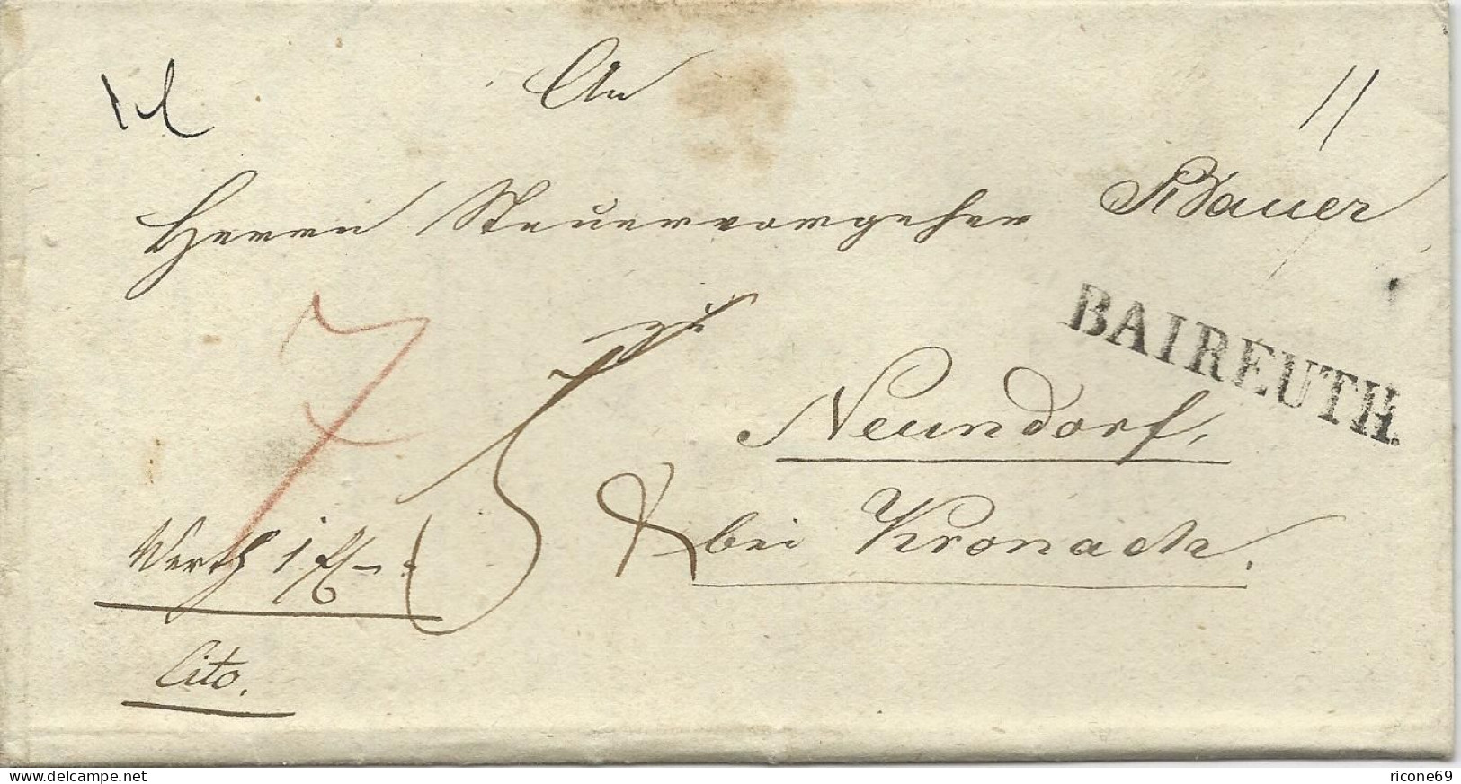 Bayern 1844, L1 Bayreuth Auf Wert Brief M Extra Botenlohn N. Neundorf. #1495 - Storia Postale