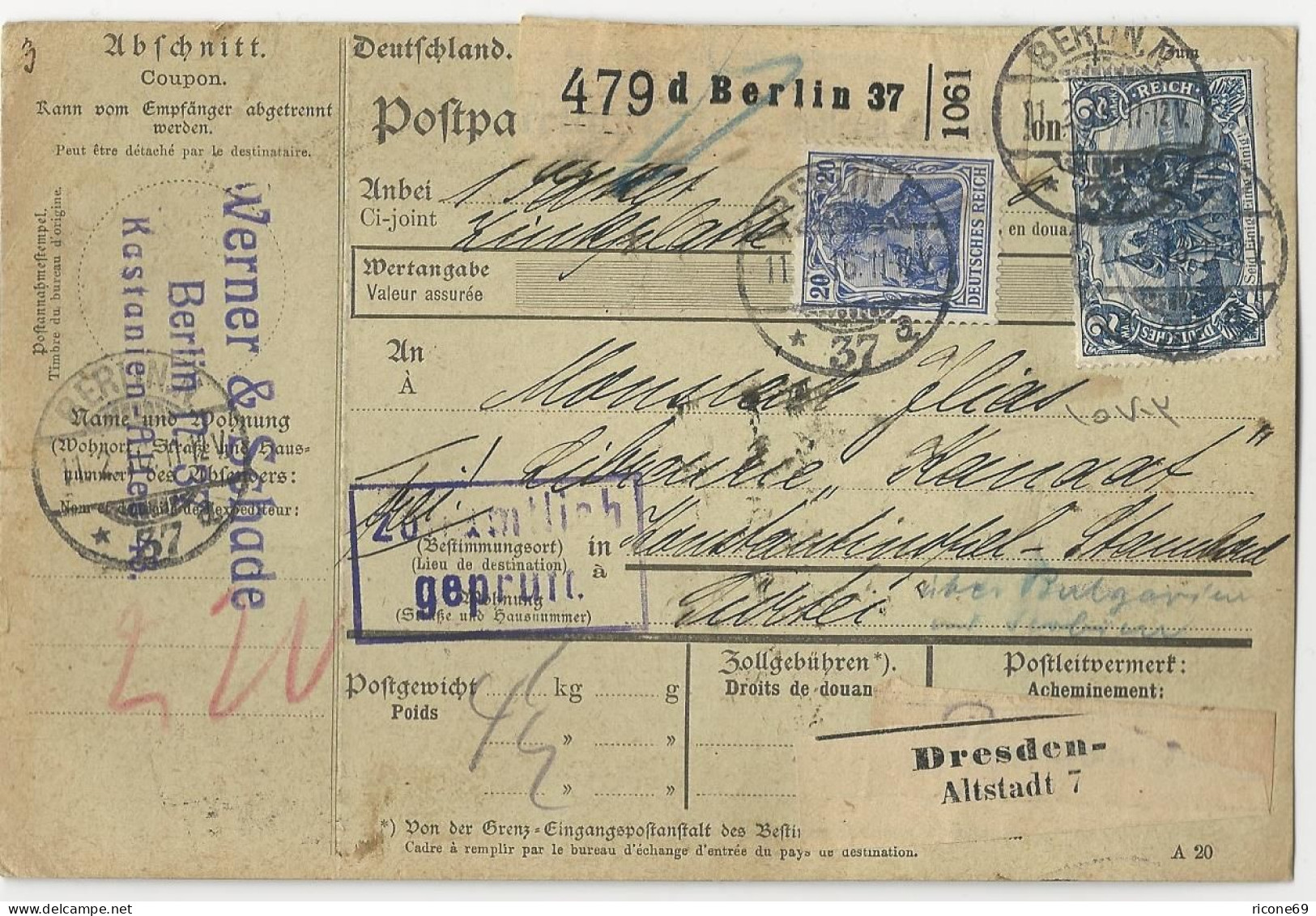 DR 1916, 20 Pf.+2 Mk. Auf Paketkarte V. Berlin I.d. Türkei.  #2744 - Covers & Documents