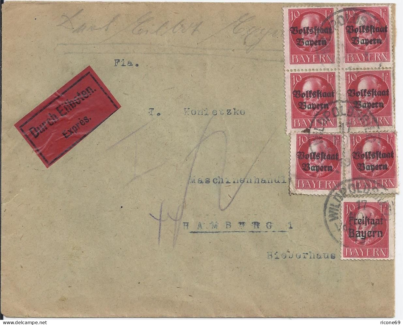 Bayern 1919, 7x10 Pf. Volks-/Freistaat Auf Eilboten Brief V. Wildpoldsried #2626 - Brieven En Documenten