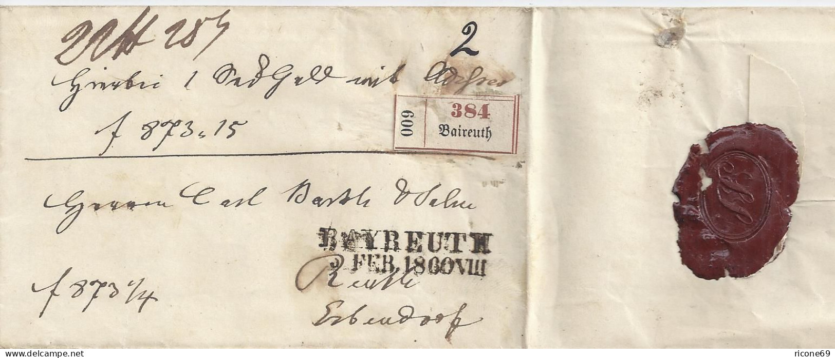 Bayern 1860, L2 Bayreuth Auf Paket Brief M. Klebezettel N. Reuth Erbendorf. #3 - Storia Postale