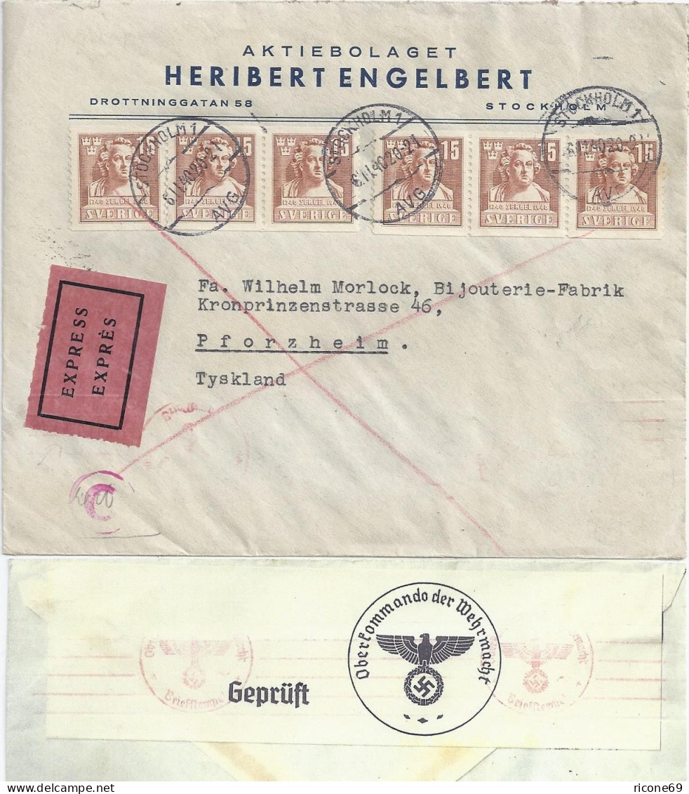 Schweden DR 1940, MeF 6x15 öre Auf Express Zensur Brief V. Stockholm. #2125 - Otros & Sin Clasificación