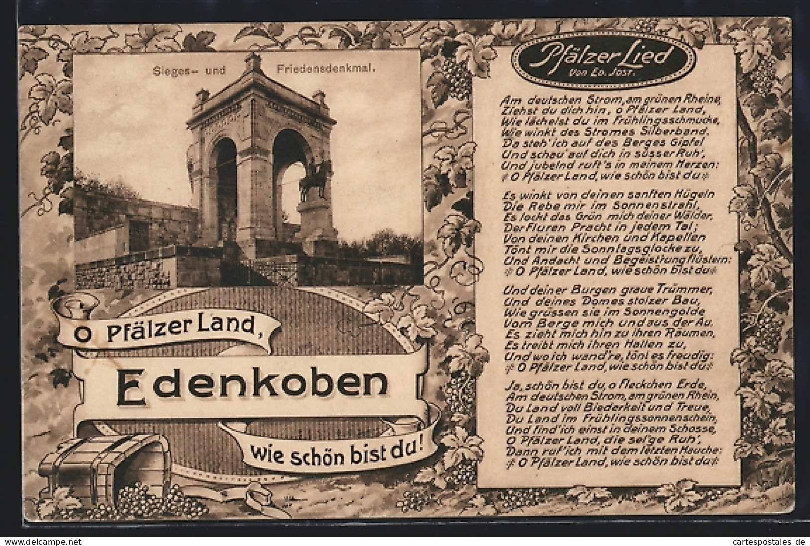 Passepartout-AK Edenkoben, Sieges- U- Friedensdenkmal, Weintrauben, Pfälzer Lied  - Edenkoben