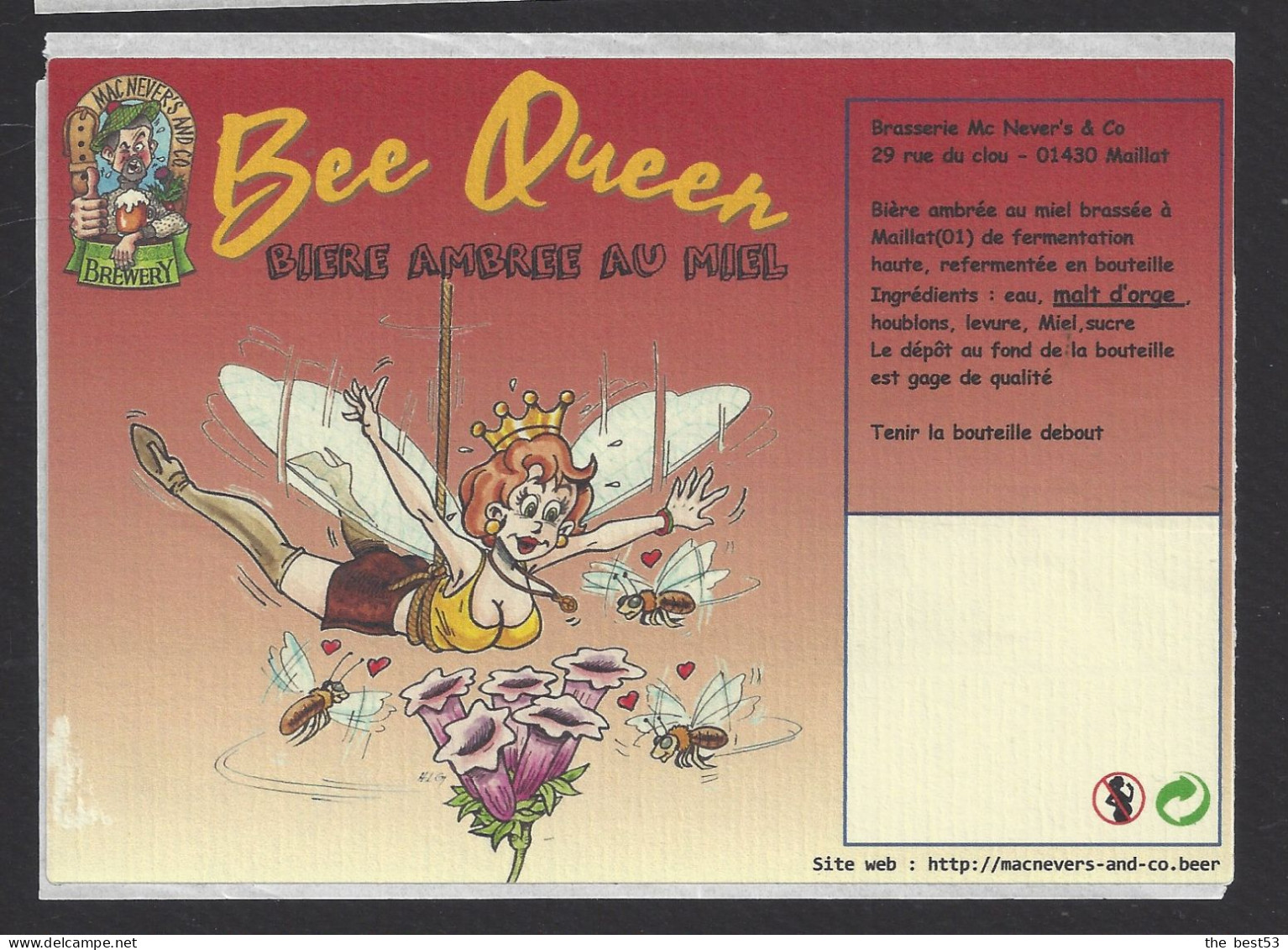 Etiquette De Bière Ambrée Au Miel  -  Bee Queen  -  Brasserie Mac Never's à Maillat (01) - Bier