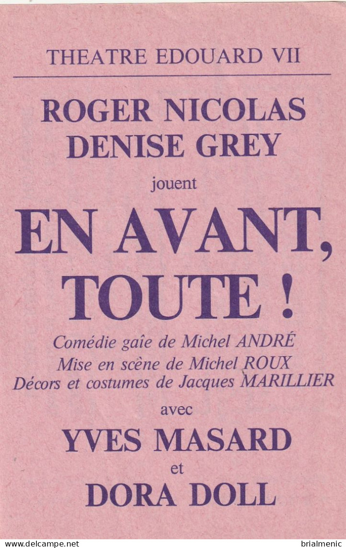 Billet De Théâtre " En Avant Toute " Avec Roger Nicolas Et Denise Grey - Biglietti D'ingresso