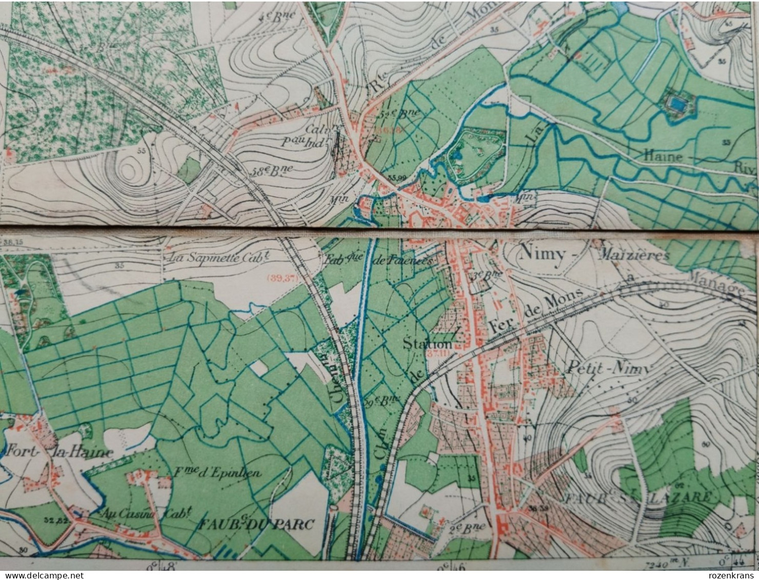 Carte topographique toilée militaire STAFKAART 1870 JURBISE Erbaut Maisieres Nimy Ghlin Verrerie Masnuy St Jean Pierre