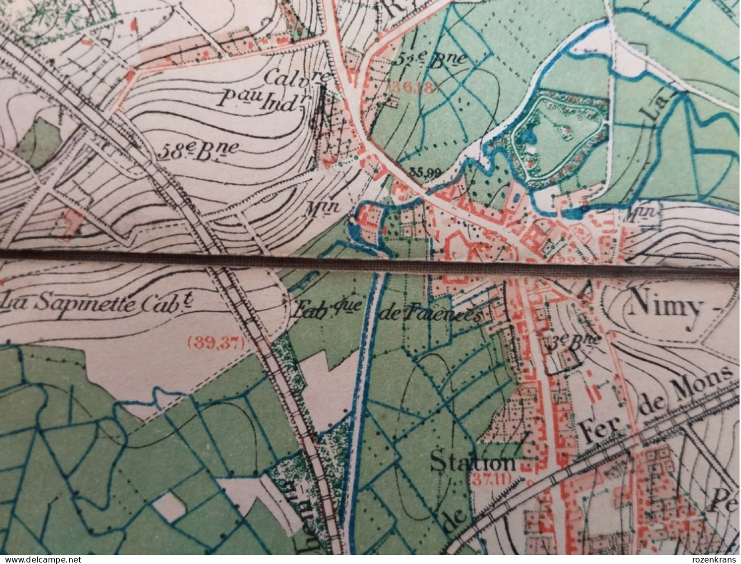 Carte topographique toilée militaire STAFKAART 1870 JURBISE Erbaut Maisieres Nimy Ghlin Verrerie Masnuy St Jean Pierre