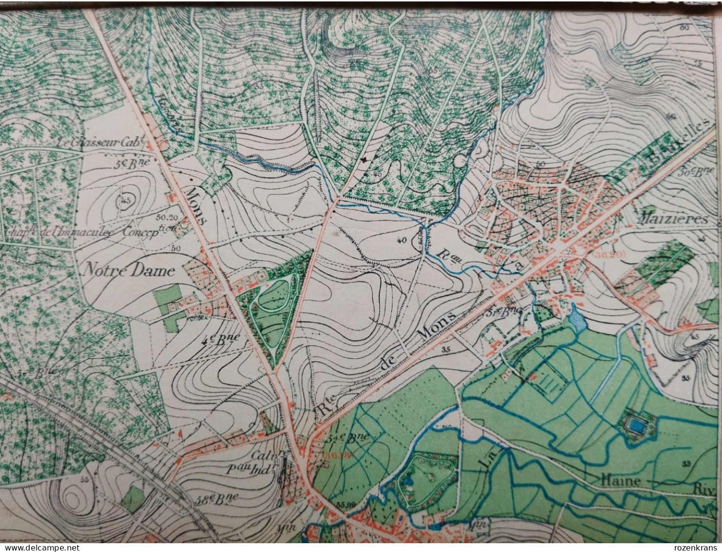 Carte topographique toilée militaire STAFKAART 1870 JURBISE Erbaut Maisieres Nimy Ghlin Verrerie Masnuy St Jean Pierre