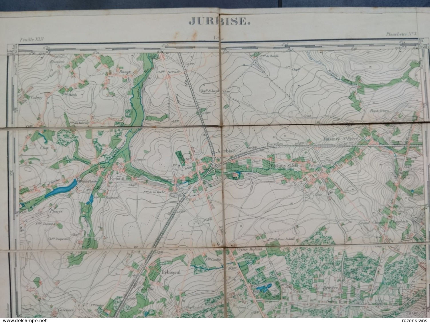 Carte topographique toilée militaire STAFKAART 1870 JURBISE Erbaut Maisieres Nimy Ghlin Verrerie Masnuy St Jean Pierre