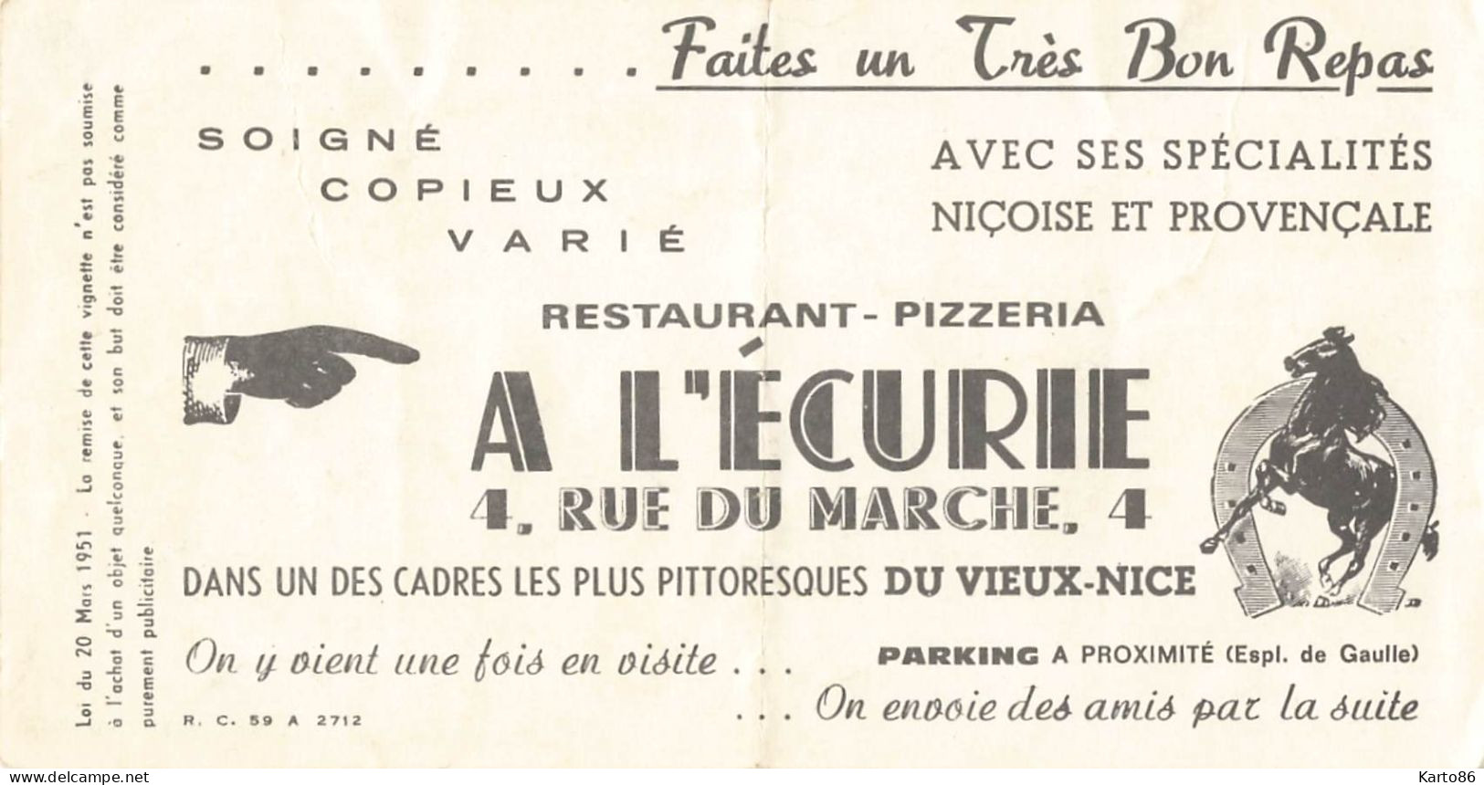 Nice * Restaurant Pizzéria A L'ECURIE Chez Louis , 4 Rue Du Marché * Doc Publicitaire Ancien ( En Forme De Billet ) - Bar, Alberghi, Ristoranti