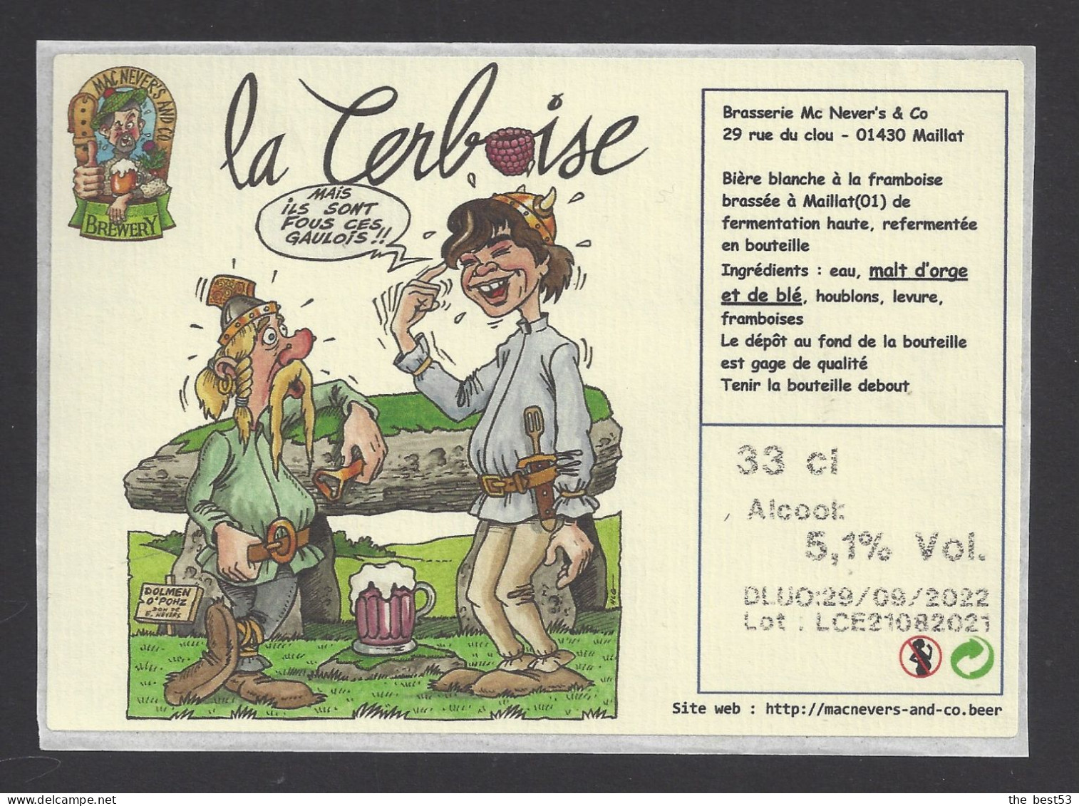 Etiquette De Bière Blanche à Framboise  -  La Cerboise  -  Brasserie Mac Never's à Maillat (01) - Bière