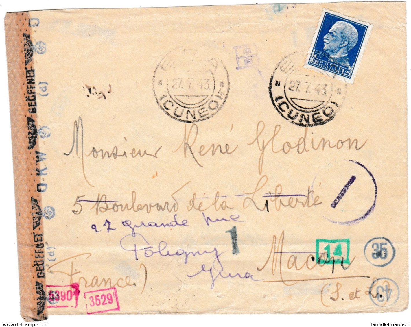 Italie, Enveloppe De BRA (CUNEO) Du 27/7/43 Pour MACON Puis Réexpédiée à Poligny, Jura, Marques De Censure - Correo Militar (PM)