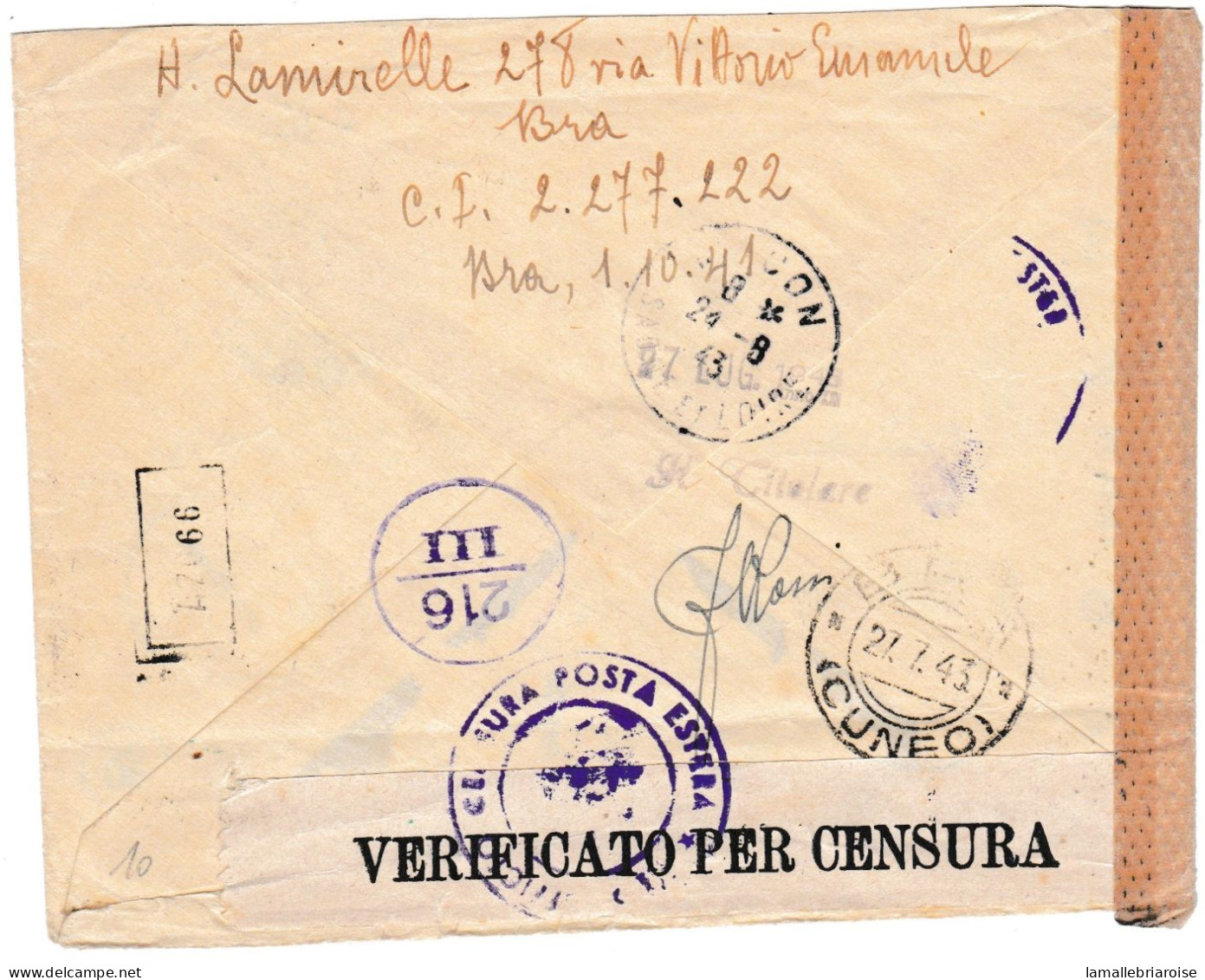 Italie, Enveloppe De BRA (CUNEO) Du 27/7/43 Pour MACON Puis Réexpédiée à Poligny, Jura, Marques De Censure - Poste Militaire (PM)