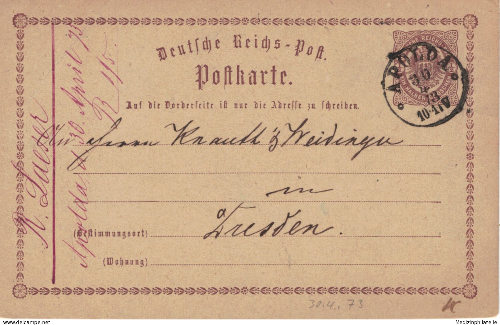 Ganzsache 1/2 Groschen - Laeser Apolda 1873 > Dresden - Briefkaarten