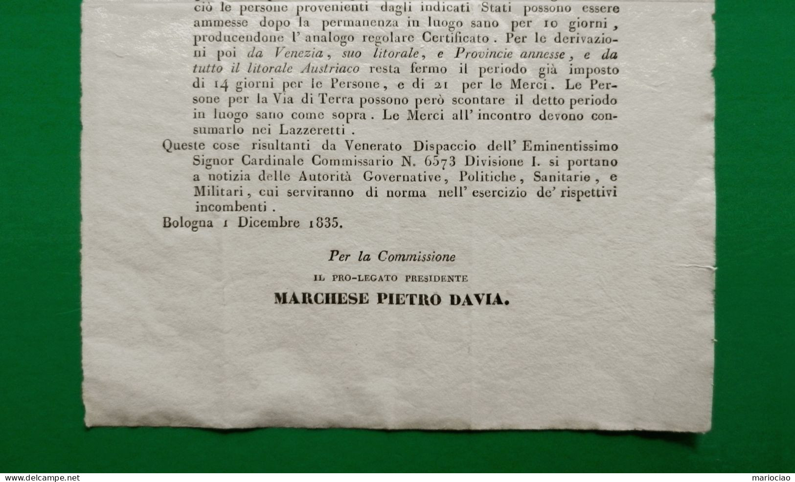 D-IT Bologna 1835 EPIDEMIA PESTE Da Livorno, Genova E Francia. Lazzaretti - Documentos Históricos