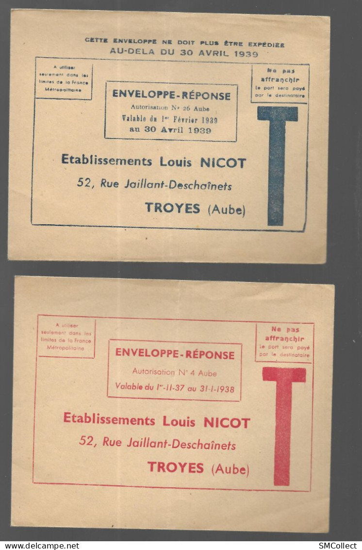 Enveloppe Réponse Lettre T. Etablissements Louis Nicot, Troyes (Bonneterie). Lot De 4 Enveloppes Différentes (ASp8) - Listos A Ser Enviados: Respuesta