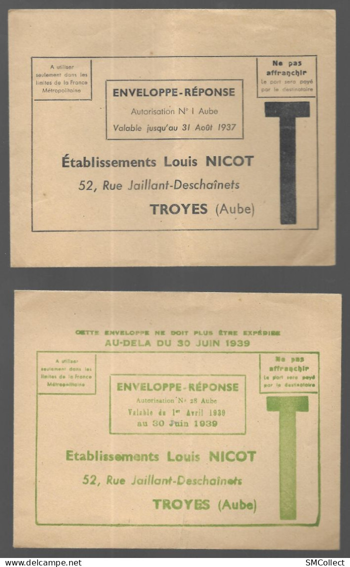 Enveloppe Réponse Lettre T. Etablissements Louis Nicot, Troyes (Bonneterie). Lot De 4 Enveloppes Différentes (ASp8) - Prêts-à-poster:reply