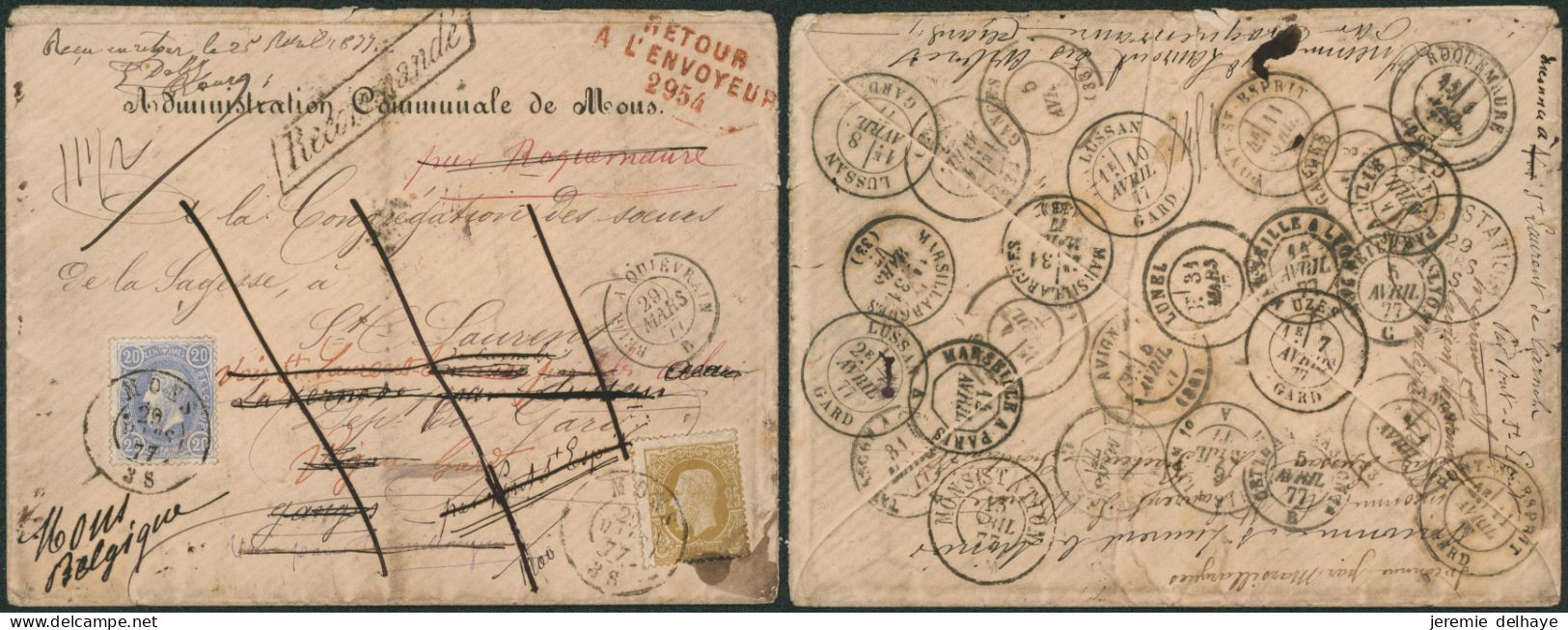 émission 1869 - N°31 Et 32 Sur Lettre Imprimée En Recommandé De Mons (1877) > France, Nombreuses Recherches ! SUP. - 1869-1883 Leopoldo II