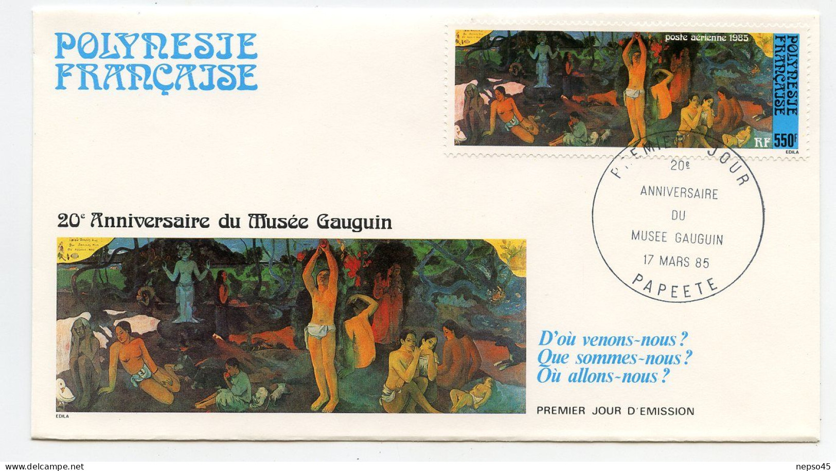 Enveloppe Timbres Premier Jour D'émission.Polynésie.Papeete 17 Mars 85.Polynésie Française Anniversaire Du Musée Gauguin - Other & Unclassified