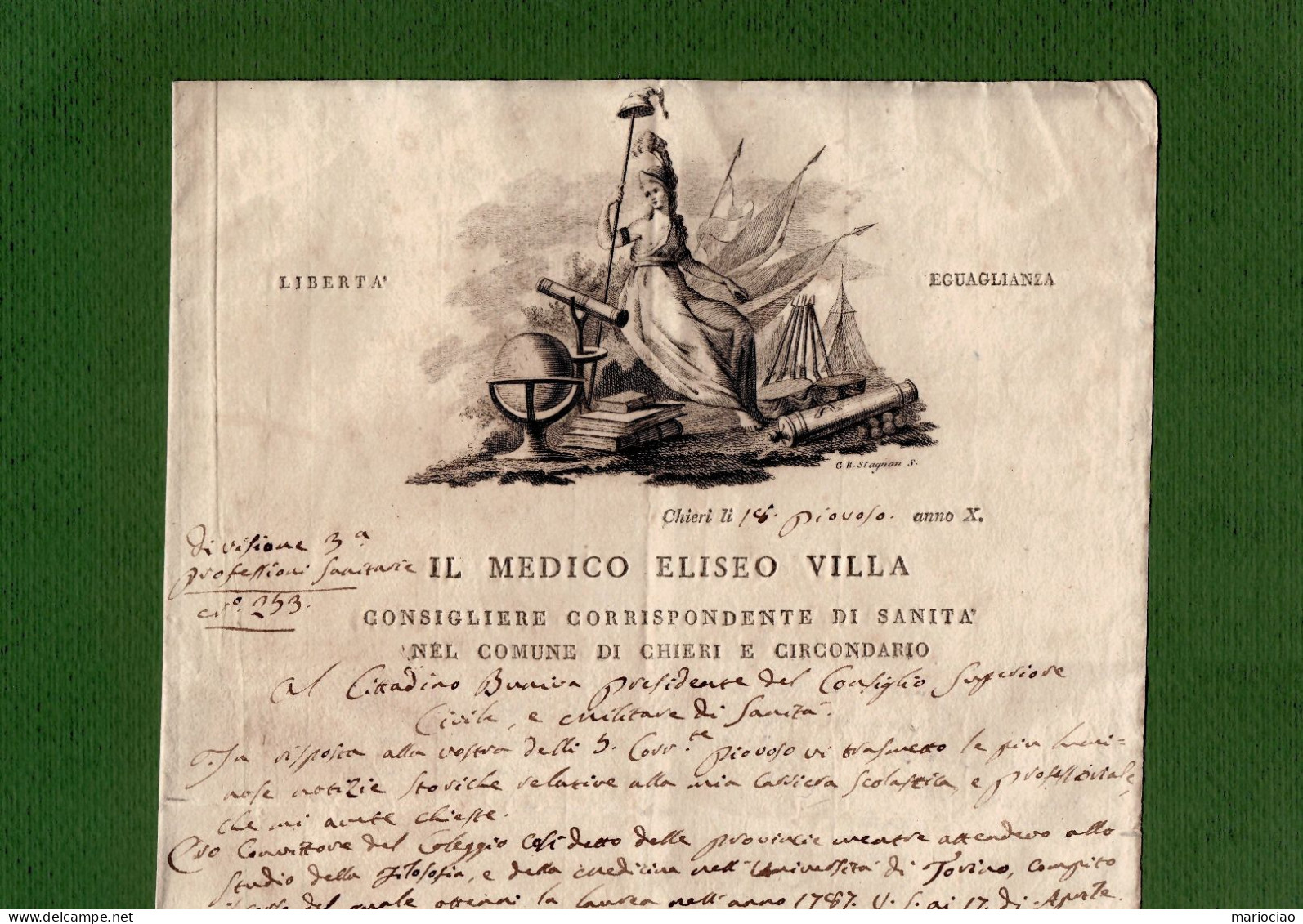 D-IT CHIERI (Torino) 1802 Occupazione Francese 18 Piovoso Anno X Amministrazione Sanità - Documents Historiques