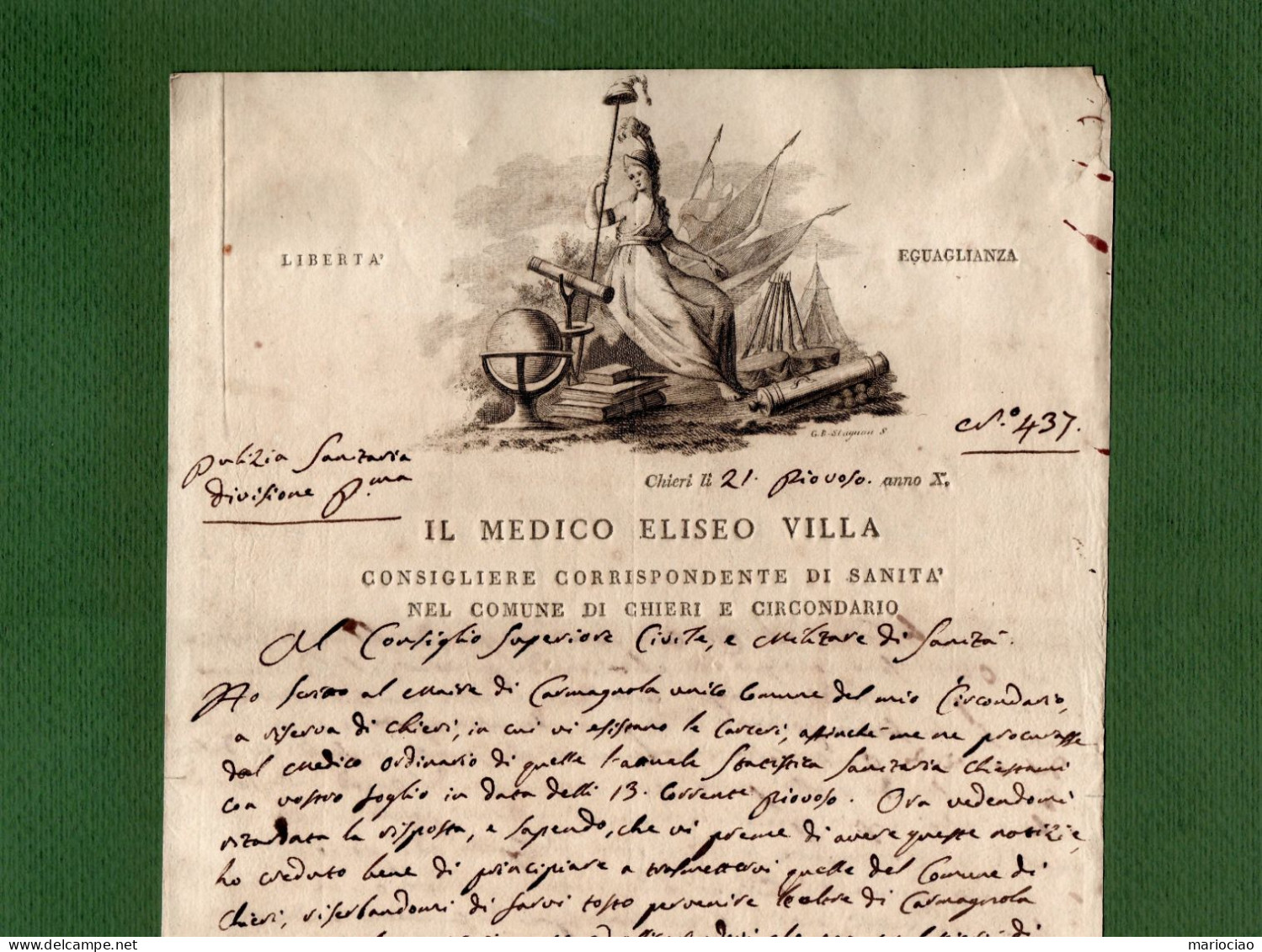 D-IT CHIERI (Torino) 1802 Occupazione Francese 21 Piovoso Anno X Amministrazione Sanità - Documents Historiques