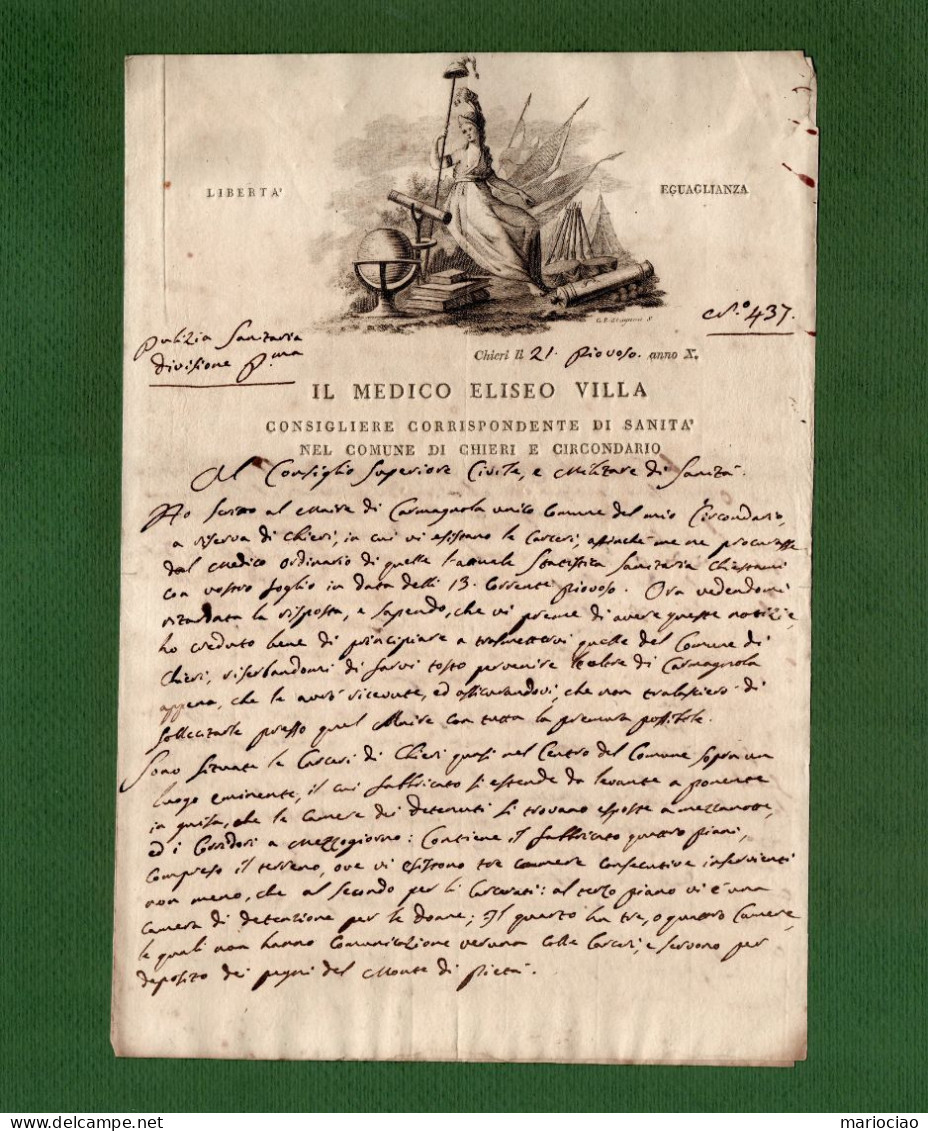 D-IT CHIERI (Torino) 1802 Occupazione Francese 21 Piovoso Anno X Amministrazione Sanità - Historische Documenten