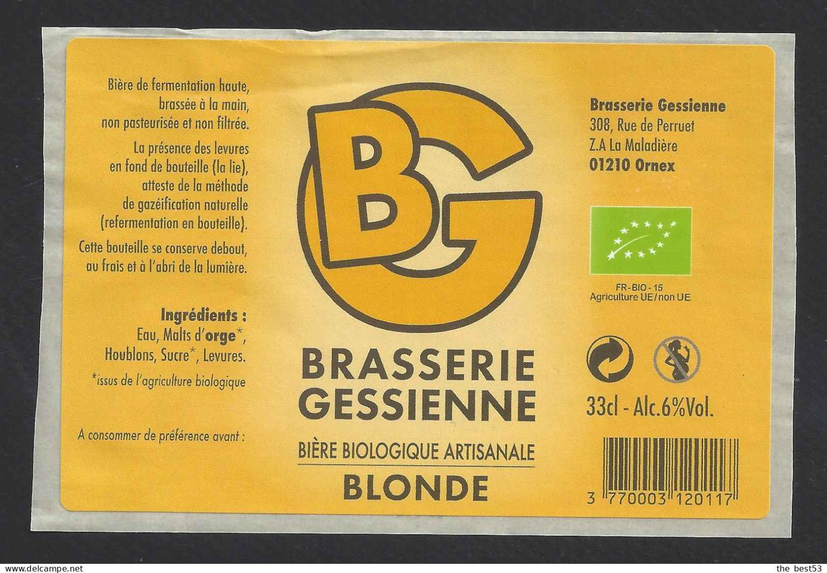 Etiquette De Bière Blonde  33 Cl   -  Brasserie Gessienne à Ornex (01) - Birra