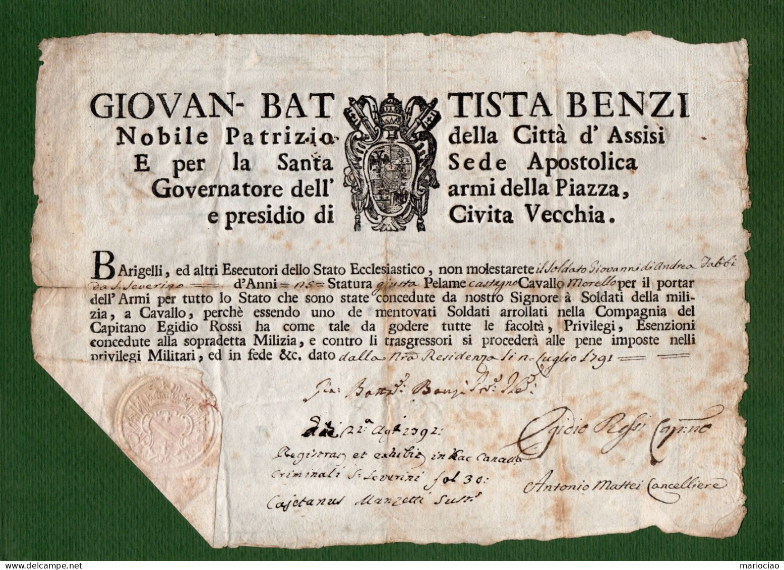 D-IT CIVITAVECCHIA 1791 PORTO D'ARMI Giovan-Battista Benzi Governatore Dell'Armi -Governo Pontificio Roma - Historische Documenten