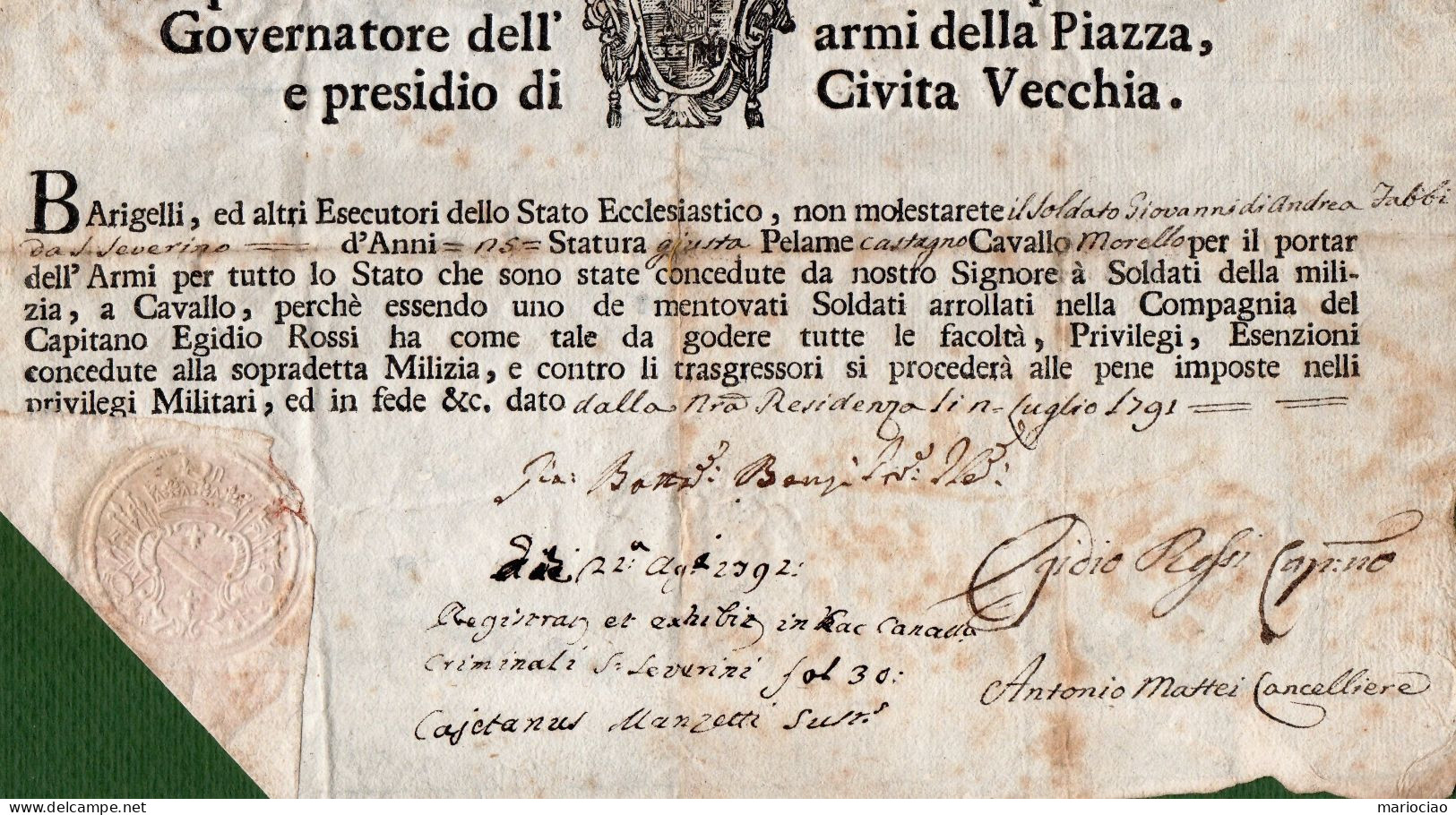 D-IT CIVITAVECCHIA 1791 PORTO D'ARMI Giovan-Battista Benzi Governatore Dell'Armi -Governo Pontificio Roma - Historische Documenten