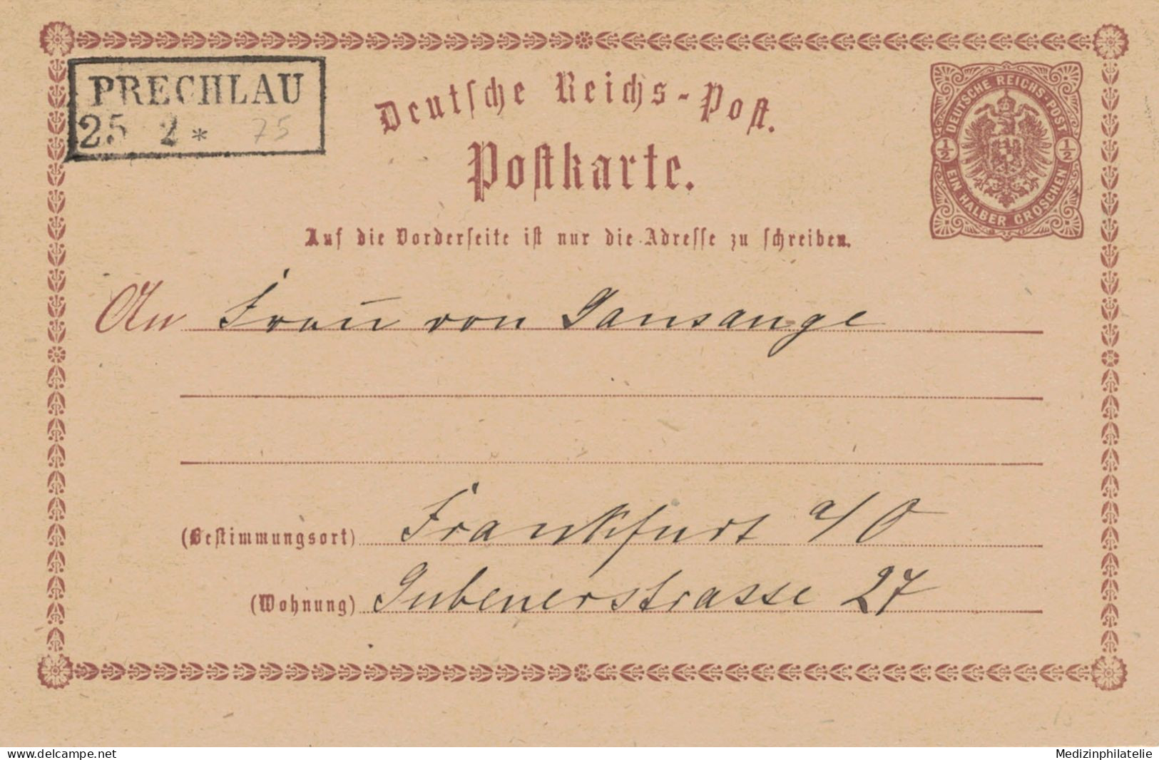 Ganzsache 1/2 Groschen - Prechlau 1875 > Frankfurt Oder - Postcards