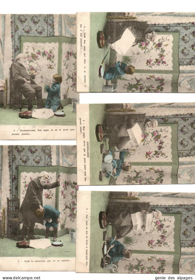 ESPIEGLERIE, Série De 6 CPA, Grand Père Et Enfant, Sabre, Arrosoir, Tambourin , Voyagé 1904 - Collections & Lots