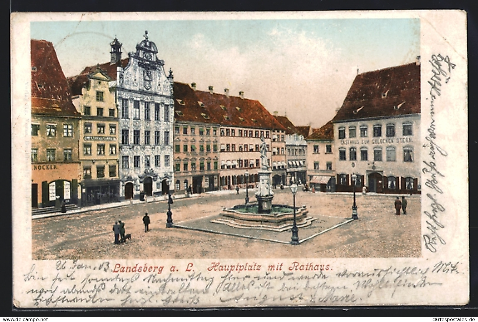 AK Landsberg A. L., Hauptplatz Mit Rathaus, Brunnen, Gasthaus Zum Goldenen Stern  - Landsberg