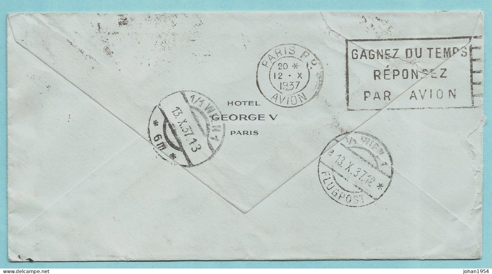 N°11 (poste Aérienne) Sur Lettre De PARIS 12/10/1937 Via PARIS AVION Vers WIEN 13/10/1937 - 1927-1959 Briefe & Dokumente