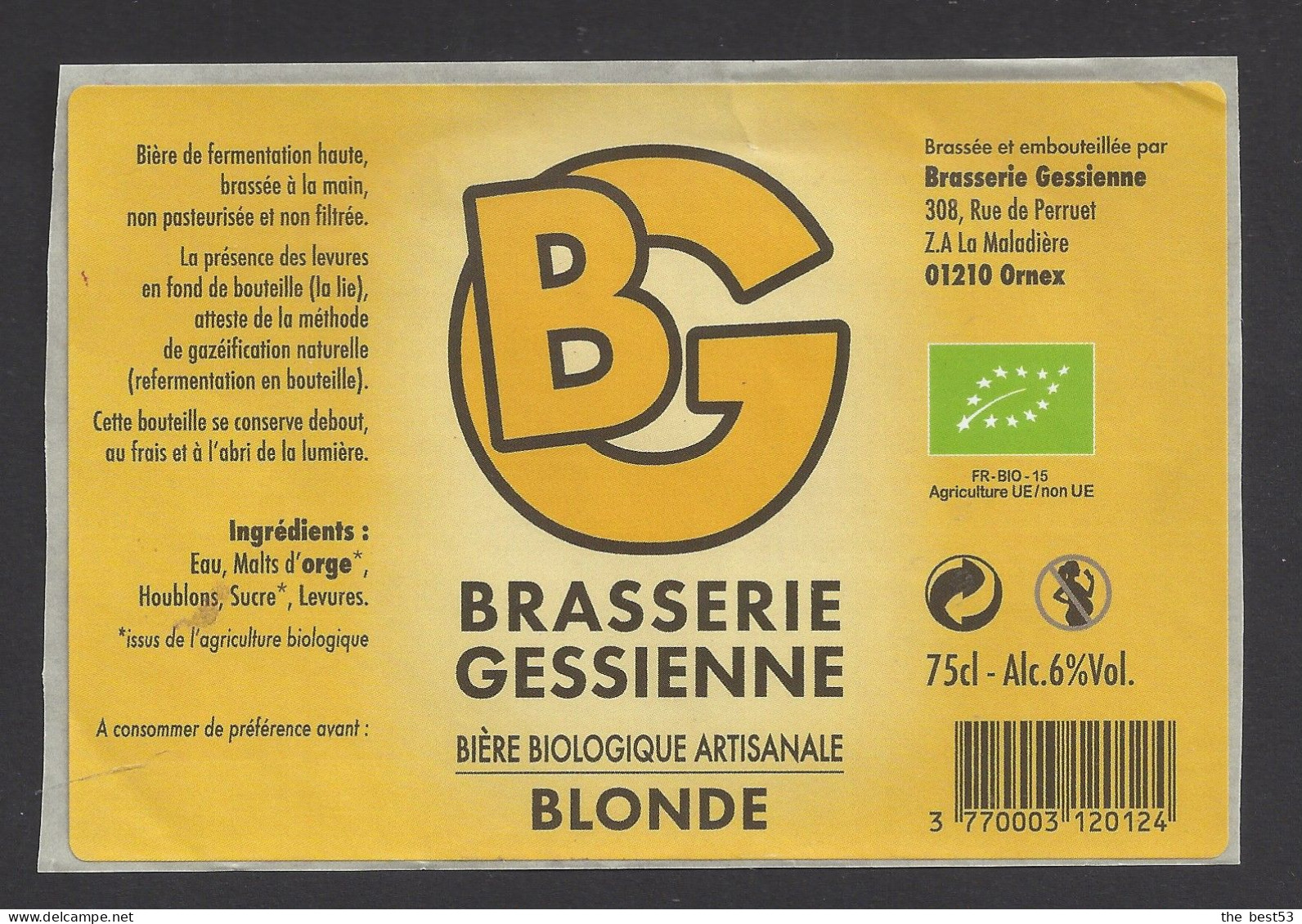 Etiquette De Bière Blonde 75 Cl  -  Brasserie Gessienne à Ornex (01) - Cerveza