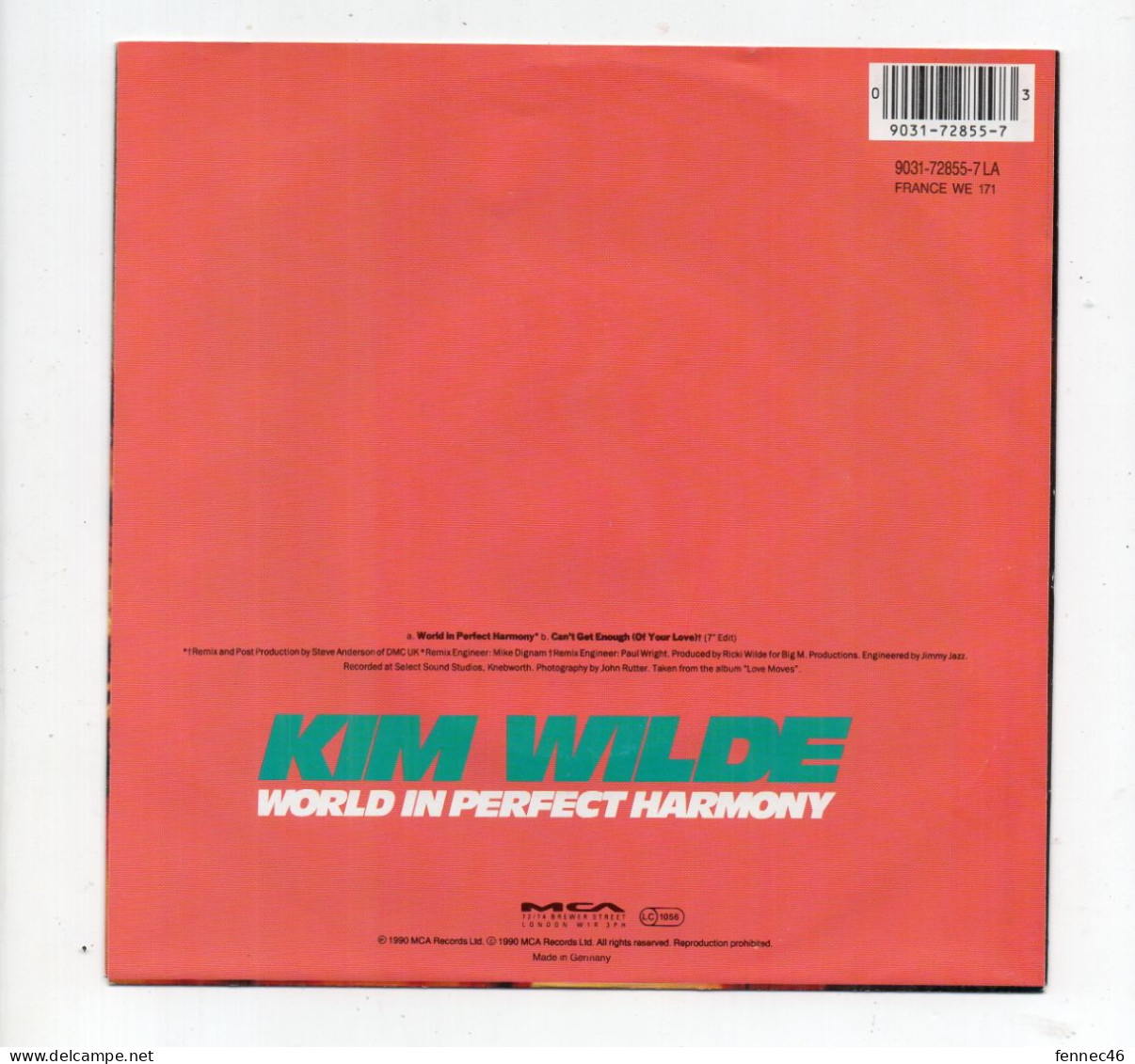 * Vinyle  45T - Kim Wilde - World In Perfect Harmony - Can't Get Enough (Of Your Love) - Otros - Canción Inglesa