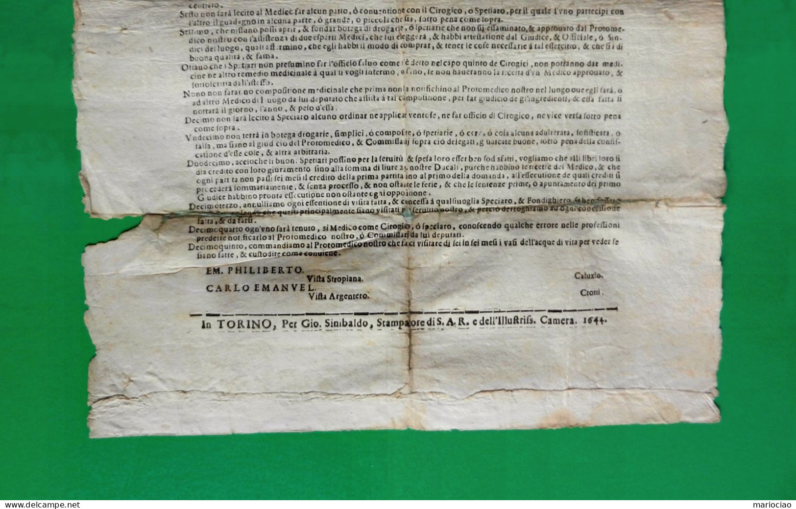 D-IT DUCATO DI SAVOIA Torino 1644 Emanuel Filiberto ORDINI MEDICINALI - Historische Dokumente