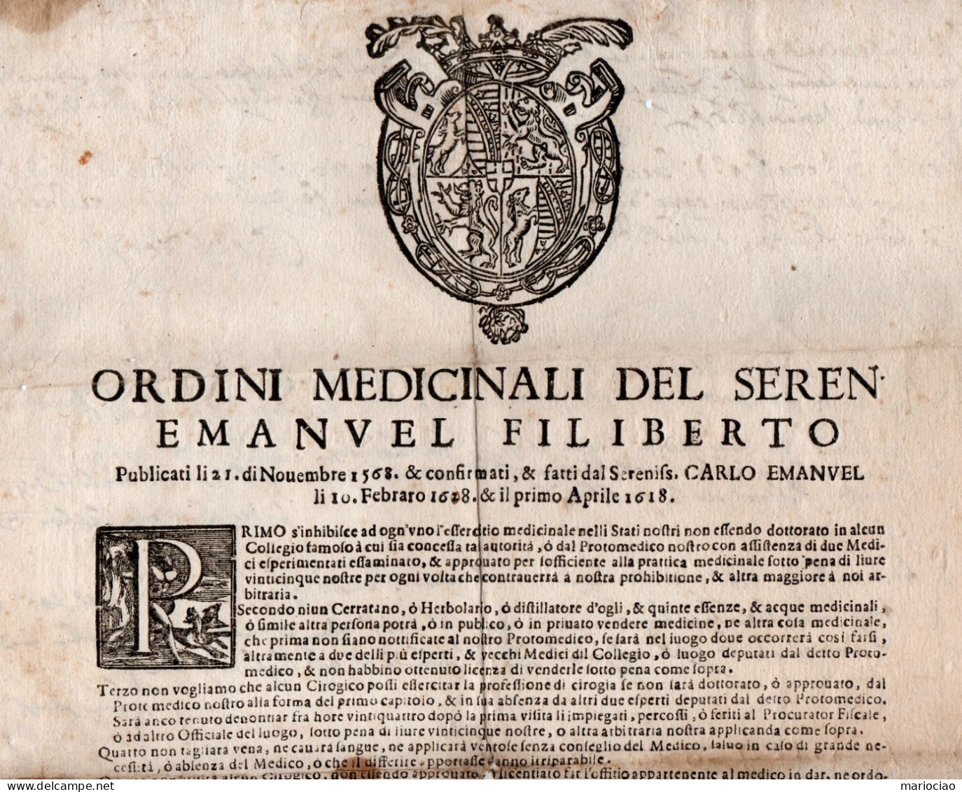 D-IT DUCATO DI SAVOIA Torino 1644 Emanuel Filiberto ORDINI MEDICINALI - Historische Dokumente