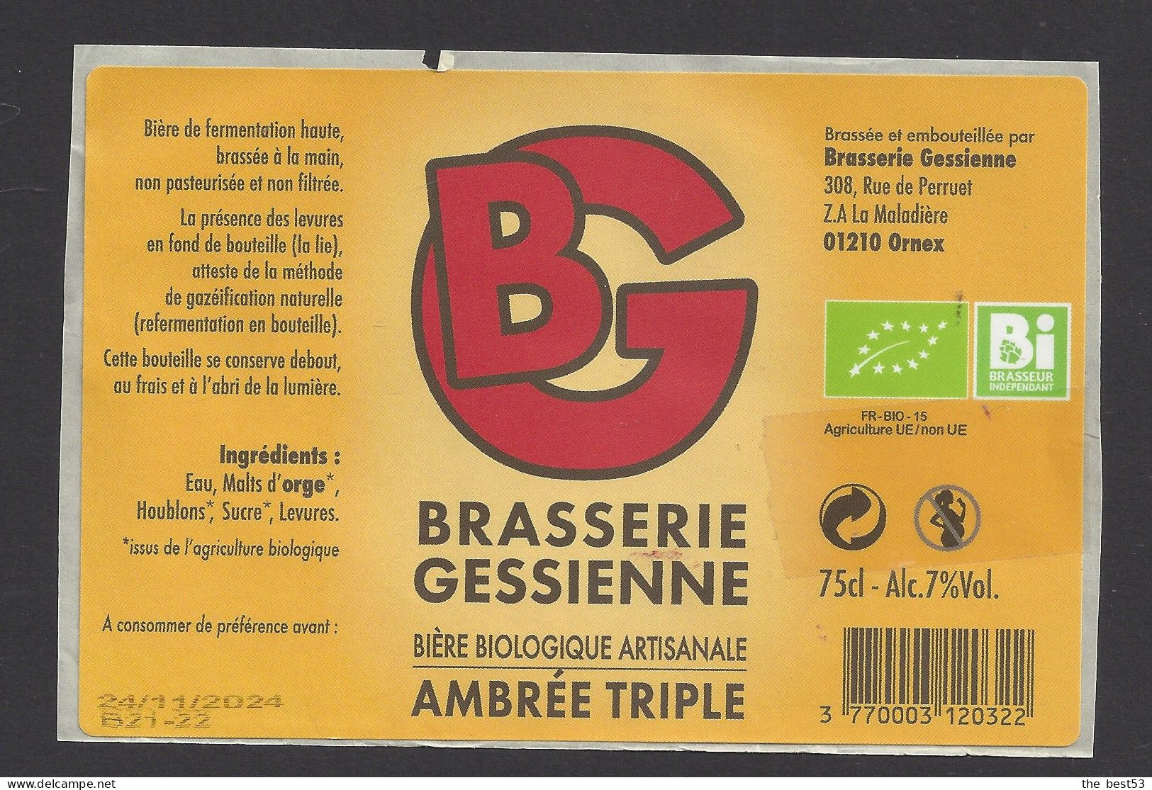 Etiquette De Bière Ambrée Triple  -  Brasserie Gessienne à Ornex (01) - Bière