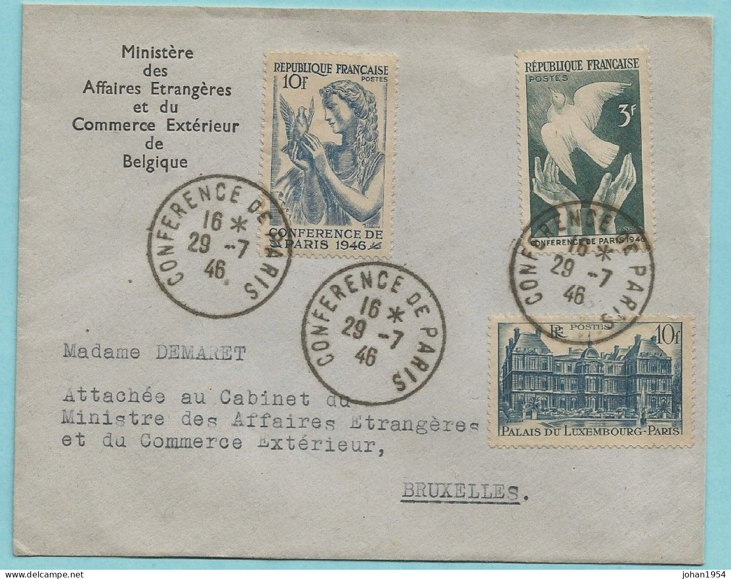 N°760+761+762 Sur Lettre, CONFERENCE DE PARIS 29/07/1946 Vers Bruxelles - Lettres & Documents