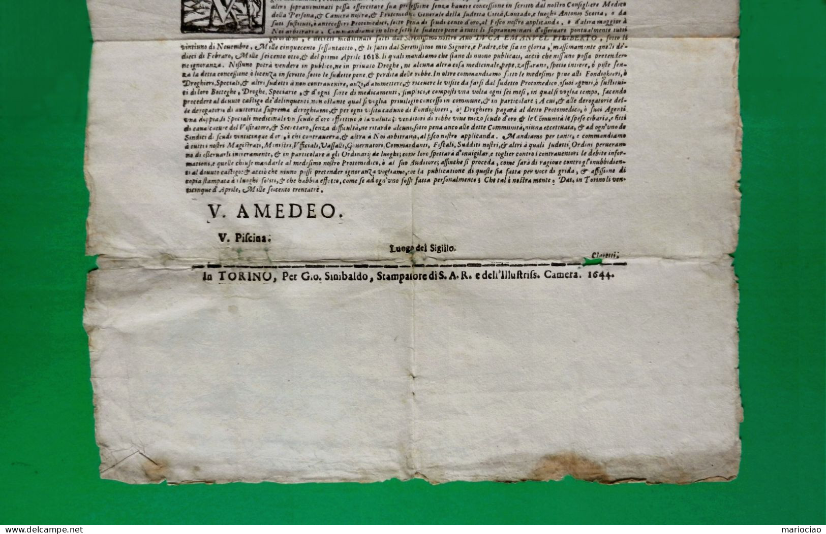 D-IT DUCATO DI SAVOIA Torino 1644 Vittorio Amedeo MEDICINA Regole Su Professione - Documentos Históricos