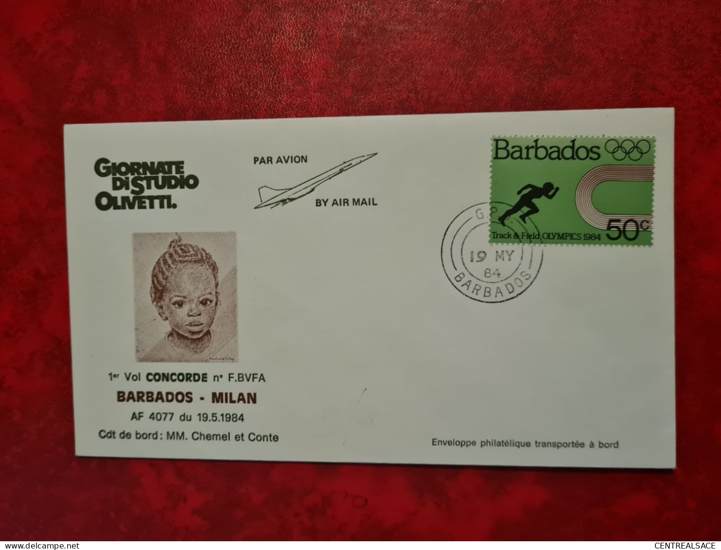 Lettre CONCORDE 1984 1ER VOL BARBADOS MILAN GIORNATE DISTUDIO OLIVETTI - Barbades (1966-...)