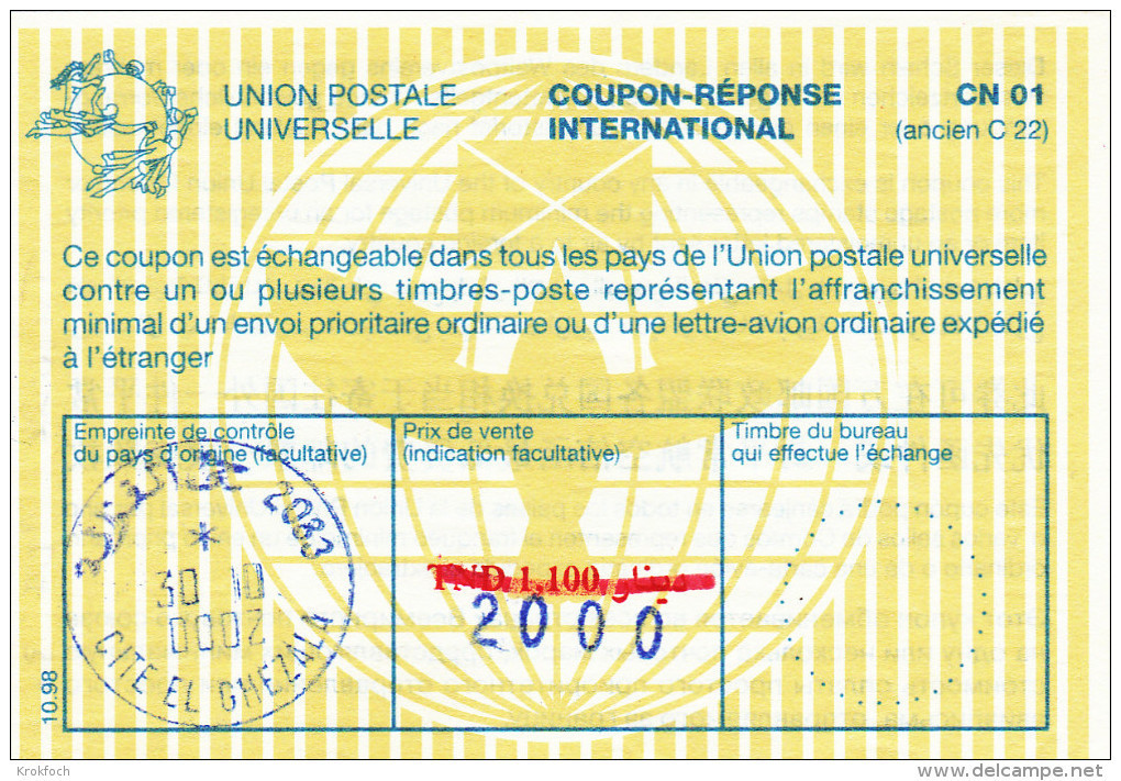 Coupon Réponse Tunisie 2000  - 2000 Sur TND 1.100 - Modèle Lausanne - Reply ICR CRI - Cité El Ghezala - Antwoordbons