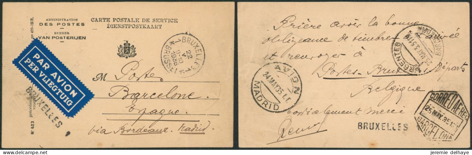 Carte Postale De Service Par Avion + Griffe BRUXELLES (1935) > Barcelone (Espagne) Via Bordeaux Et Madrid. - Lettres & Documents