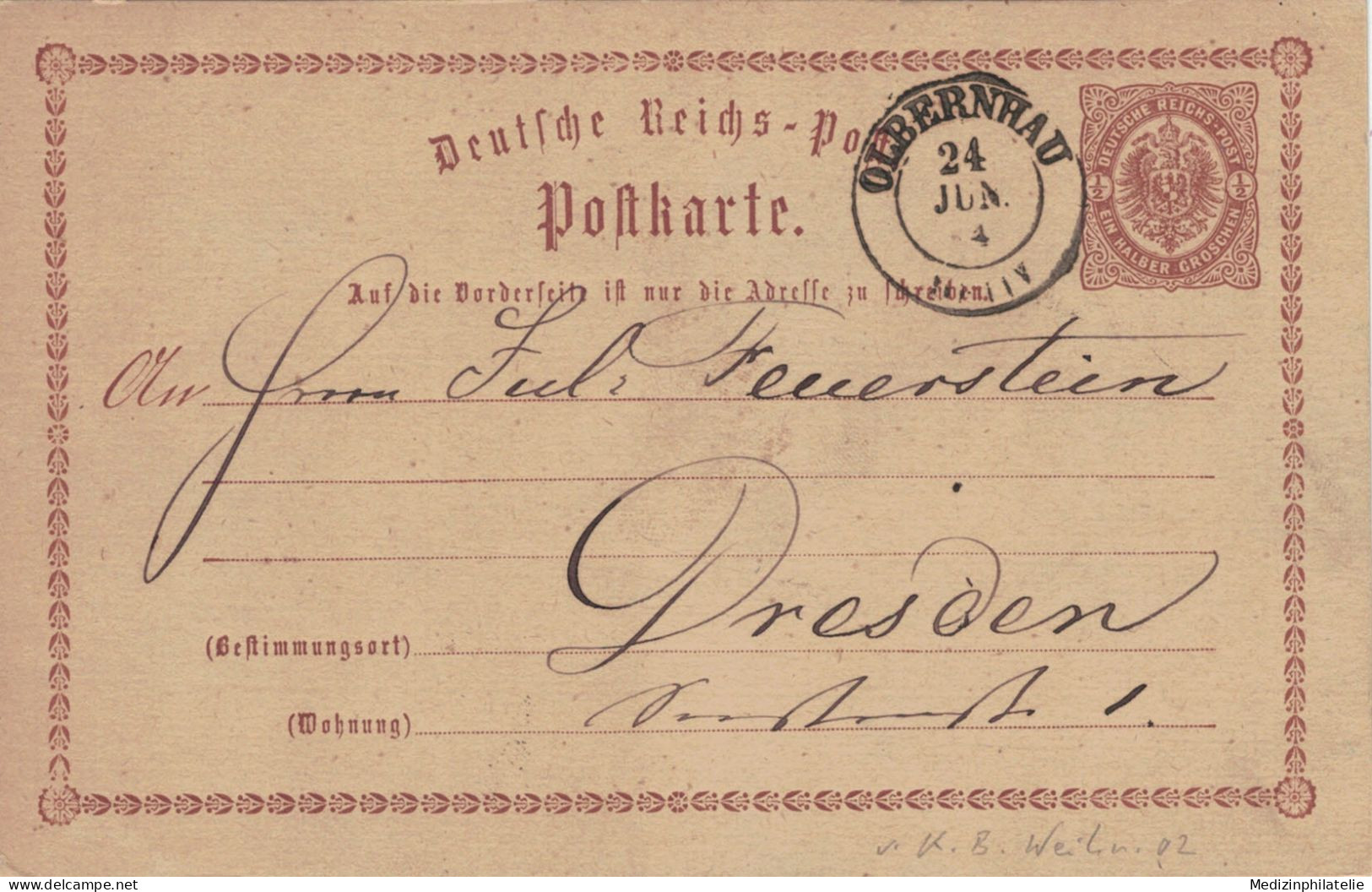 Ganzsache 1/2 Groschen - Olbernhau 1874 Feuerstein Dresden - Briefkaarten